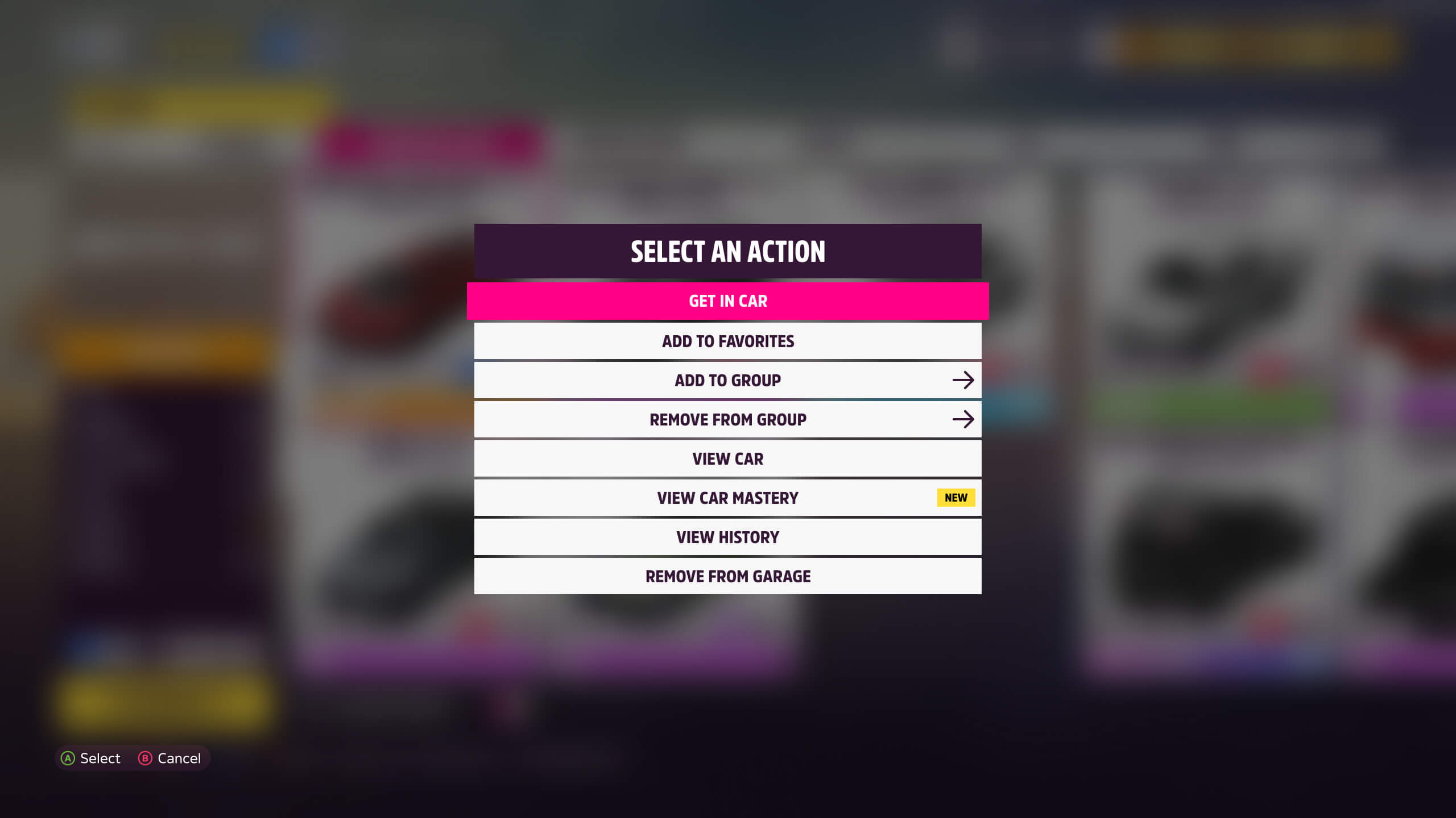 Forza Horizon 5' car context menu.