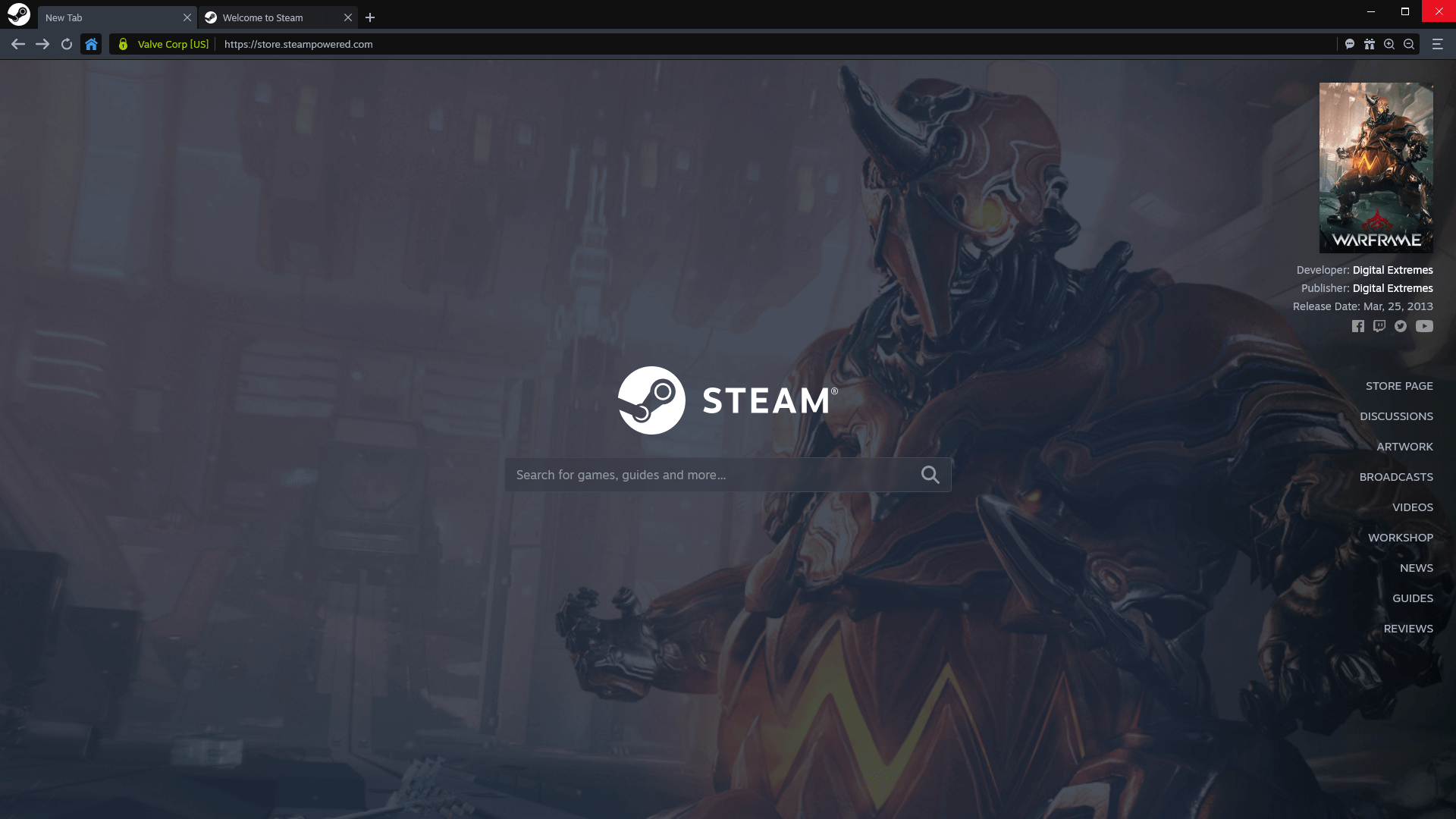 New Steam Browser showing New Tab feature part 1.