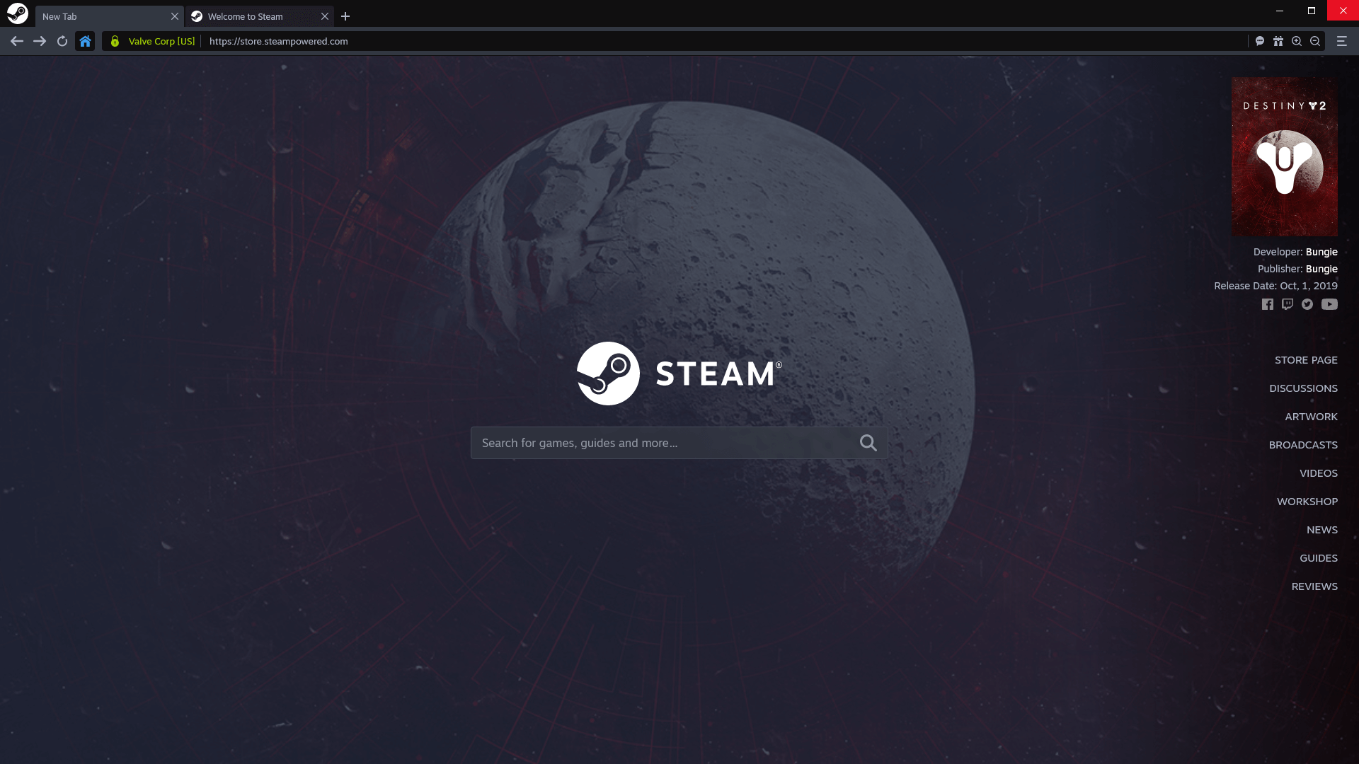 New Steam Browser showing New Tab feature part 2.